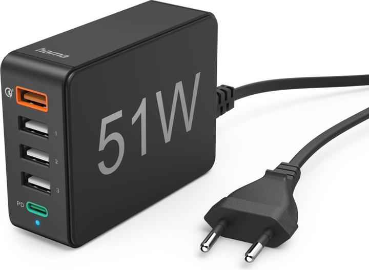 Actual product image Hama Quick charger 5 ports, 1x QC 3.0, 3x USB-A, 1x USB-C PD, 51 W, Black (51 W)