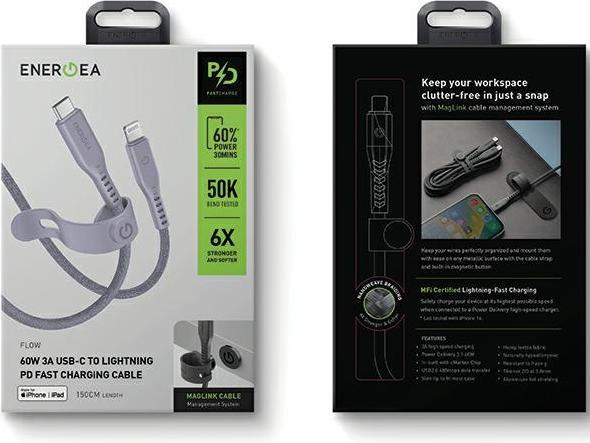 Produktbild Energea kabel Flow USB-C - Lightning C94 MFI 1.5m fioletowy/purple 60W 3A PD Fast Charge (1.50 m, USB 3.0)