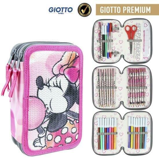 Actual product image Cerda Minnie Mouse three-chamber pencil case with Giotto Premium accessories