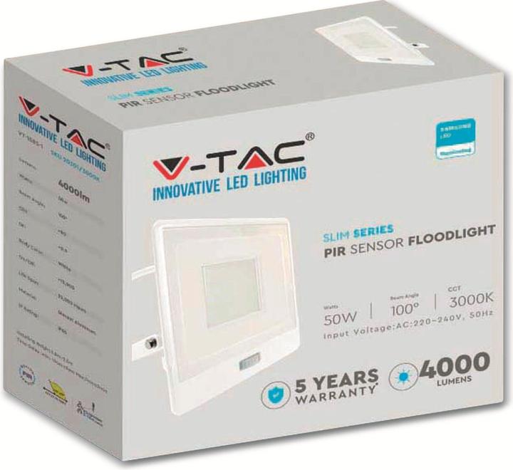 Actual product image V-TAC VT158S1 50W LED PIR Sensor Floodlight SAMSUNG Chip White Body 4000K 1M Cable (4000 lm)
