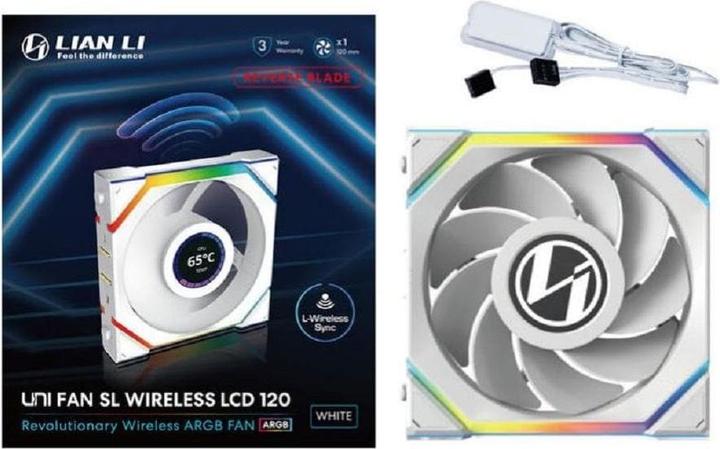 Produktbild Lian-Li UNI FAN SL Wireless LCD Lüfter, ARGB, PWM - Reverse Blade, 120 mm, weiss (120 mm, 1 x)