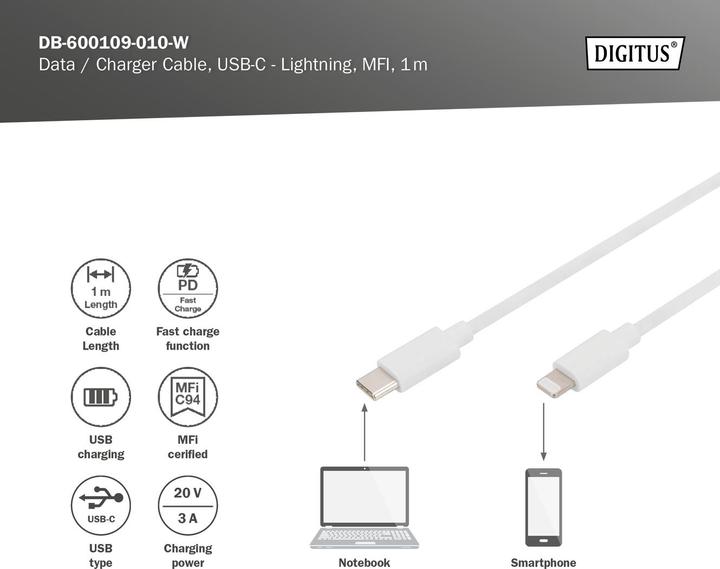Immagine prodotto Digitus Cavo dati/di ricarica, Lightning-USB-C™, MFI, 1m (1 m, USB 2.0)