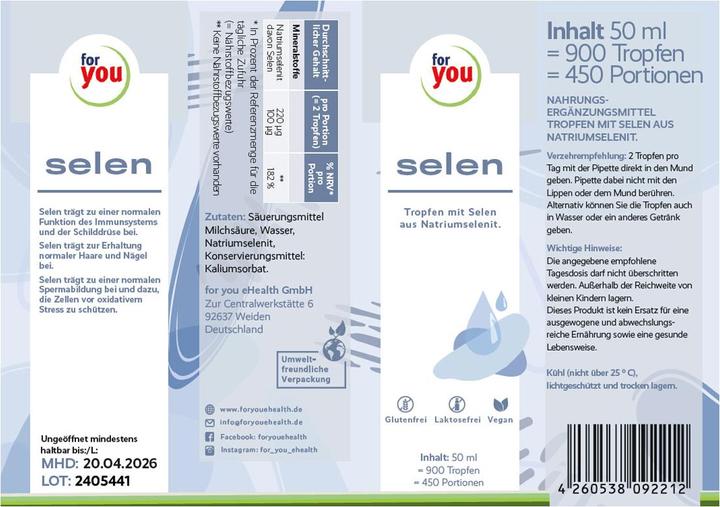 Valori nutrizionali e ingredienti For You selenio liquido (1 Pezzo/i, Liquido)