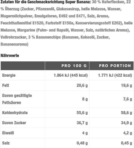 Nährwerte und Zutaten Oat King Hafer Energie Riegel Super Banana 10 x 95 g (Super Banana, 10 Stk., 950 g)