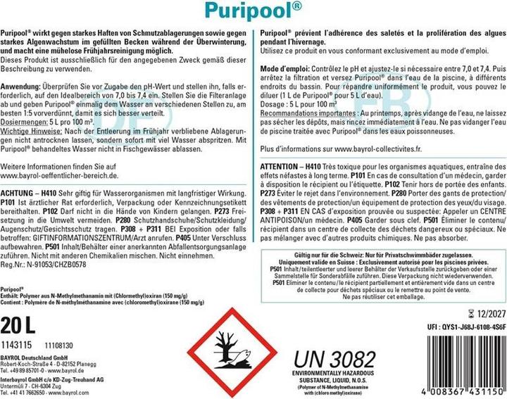 Valori nutrizionali e ingredienti Bayrol Puripool 20L Agente svernante UN3082 (20000 ml)