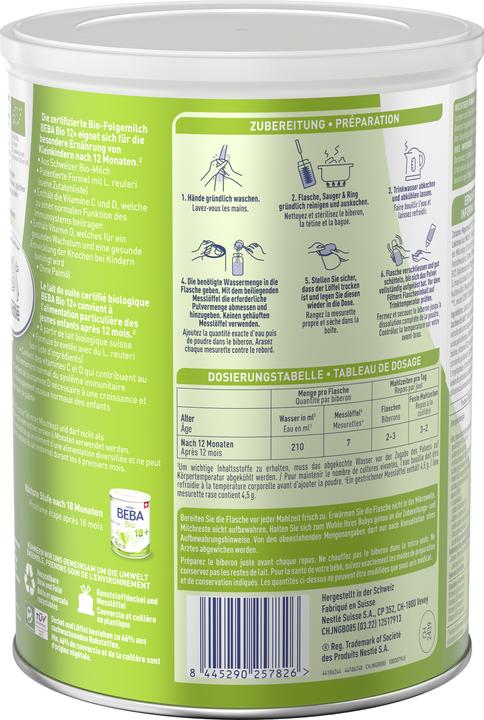 Nutritional values and ingredients Beba Bio 12+ après 12 mois (800 g, from 12 m.)