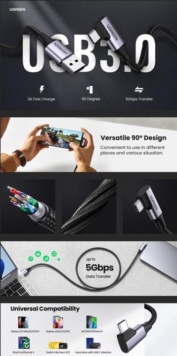 Immagine prodotto Ugreen Cavo angolare da USB a USB-C US385, 3A, 1m (nero) (1 m, USB 3.0)