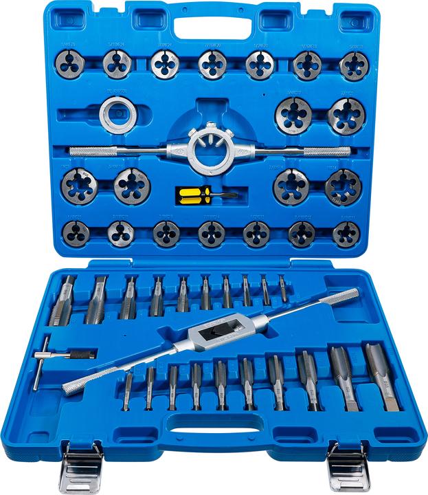 1 Schneideisenhalter, 1 Gewindebohrerhalter, 1 Verstellbares Windeisen, im Kunststoffkoffer, 1 Adapter für Schneideisenhalter, 1 Schraubendreher, Abtrieb Schlitz 6 mm, 20 Gewindebohrer für Innengewinde, 20 Schneideisen für Aussengewinde (1x je Grösse)