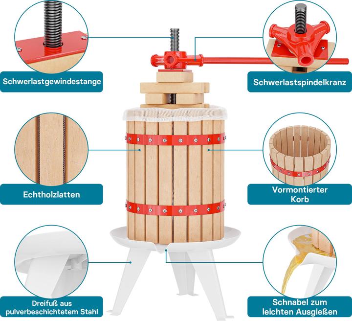 Produktbild Wiltec Obstpresse 6L mit 3x Presstuch Maischepresse Weinpresse Saftpresse