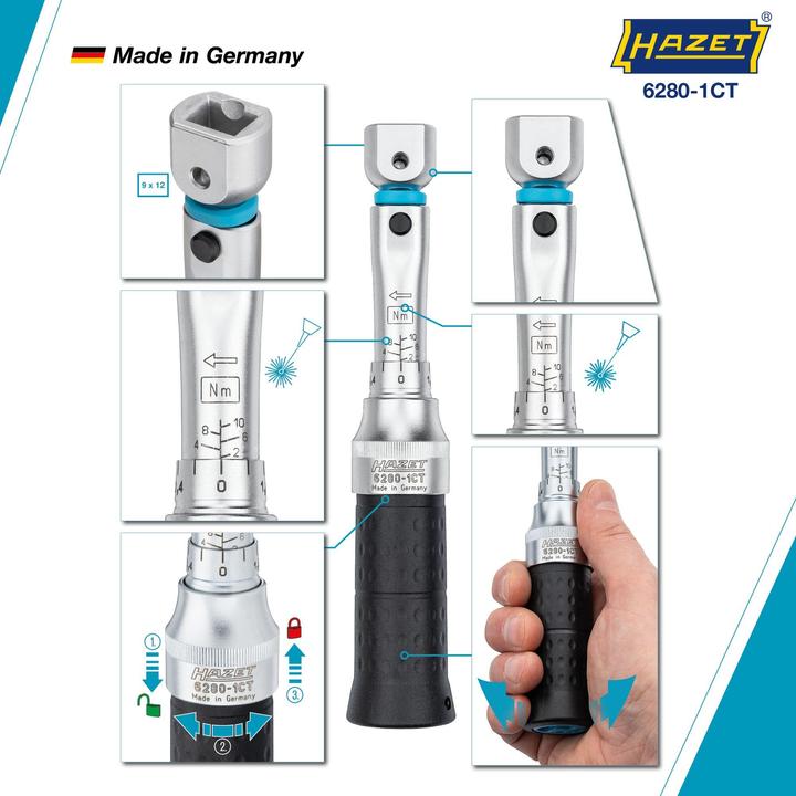 Actual product image HAZET Torque wrench 6280-1CT ∙ Nm min-max: 2 - 10 Nm ∙ Tolerance: 2% ∙ Insert square 9 x 12 mm (2 Nm, 10 Nm)