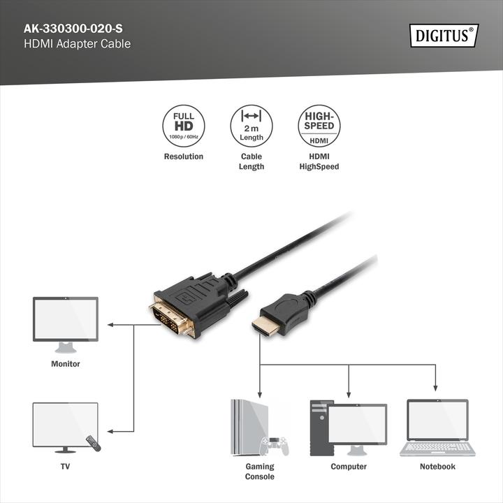 Produktbild Digitus DVI — HDMI (Typ A) (2 m, DVI, HDMI)