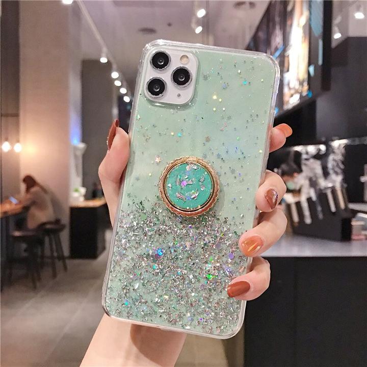 Produktbild PhoneLook Hülle Gummi silberner Pailletten mit Ring grün (Apple iPhone 11 Pro)