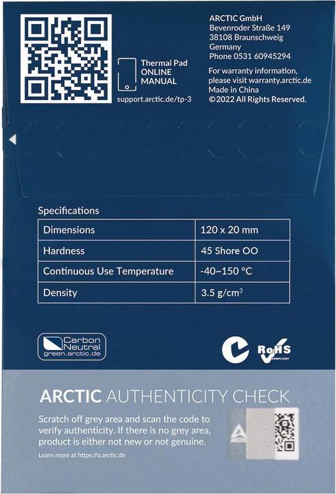 Image du produit Arctic TP-3 (120x20mm, t:0.5mm) Pack de 4pcs (0.50 mm, 6 W/m K)