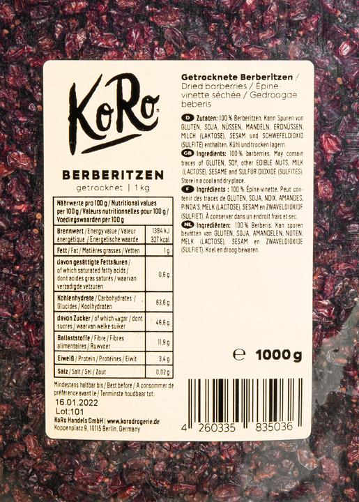 Nährwerte und Zutaten KoRo Berberitzen getrocknet (1000 g)