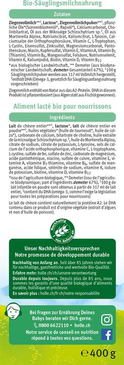 Valeurs nutritives et ingrédients Holle Lait de démarrage bio 1 (460 g, dès la naissance)