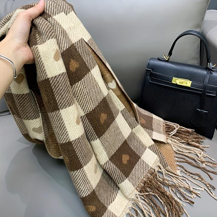 Actual product image Only-Bags.Store Double-Sided Heart Pattern Scarf, Winter Plaid Warm Neck Wrap, Cozy Shawl For Autumn & Winter