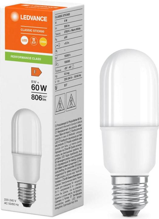 Produktbild Ledvance LED STICK60 8W 827 FR E27 P LEDV (E27, 8 W, 806 lm, 10 x, F)