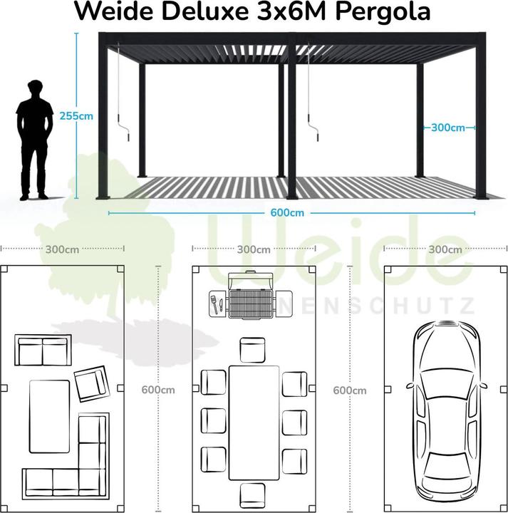 Produktbild Weide Deluxe | Voll-Alu Pavillon | 3 x 6 M | Lamellendach anthrazit | Pergola freistehend (600 cm, 255 cm)