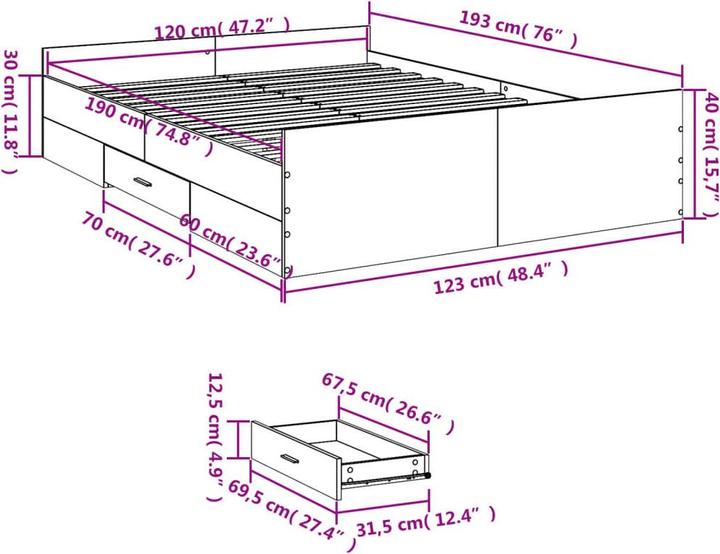 Produktbild VidaXL Bettgestell mit Schubladen (120 x 190 cm)