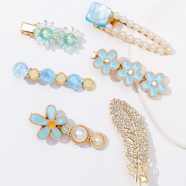 Produktbild Activity Board 6pcs Bunte Feder Blumen Faux Perle Strass Haarspangen Mode Luxus Urlaub Reise Haarnadeln (6 Stk.)