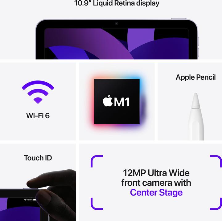 Image du produit Apple iPad Air 2022 (5. Gen) (WLAN uniquement, 10.90", 256 Go, Purple)