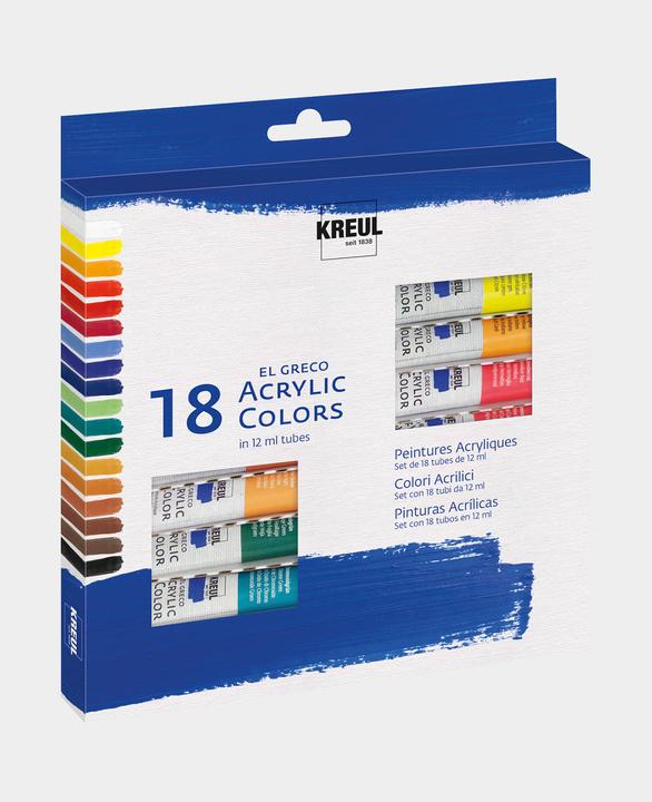 Actual product image Kreul EL GRECO - set of 18 acrylic paints (Real yellow lemon, Titanium white, Light green, Leaf green, Madder Red, Lights Ochre, Crimson, Burnt umber, Ultramarine blue, Black, Chrome oxide green, Light blue, Cobalt blue dark, 216 ml)