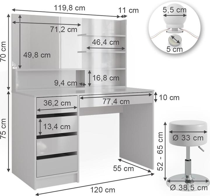 Actual product image Vicco Sherry mit Hocker und Beleuchtung (120 x 75 x 55 cm)