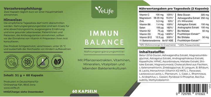 Nutritional values and ingredients VeLife Immune Balance 60 capsules (60 Piece, Capsules, 80 g)