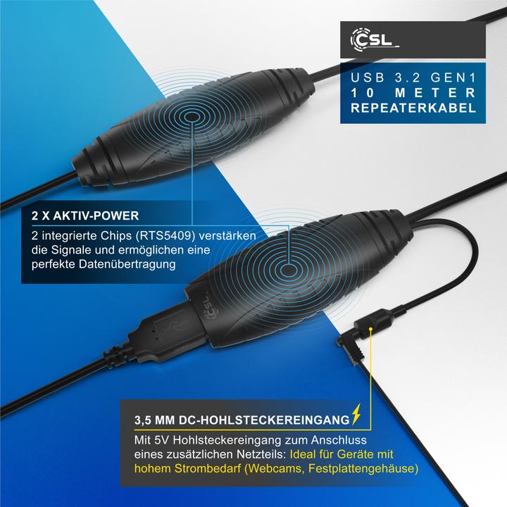 Produktbild CSL USB 3.2 Gen 1 Repeaterkabel, Verlängerungskabel aktiv, Repeater Verlängerung, Verstärker Kabel (10 m, USB 3.2 Gen 1)