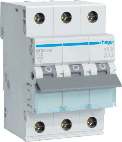 Actual product image Hager MCN340. Number of poles: 3P. AC input frequency: 50/60 Hz, Nominal current output: 40 A.