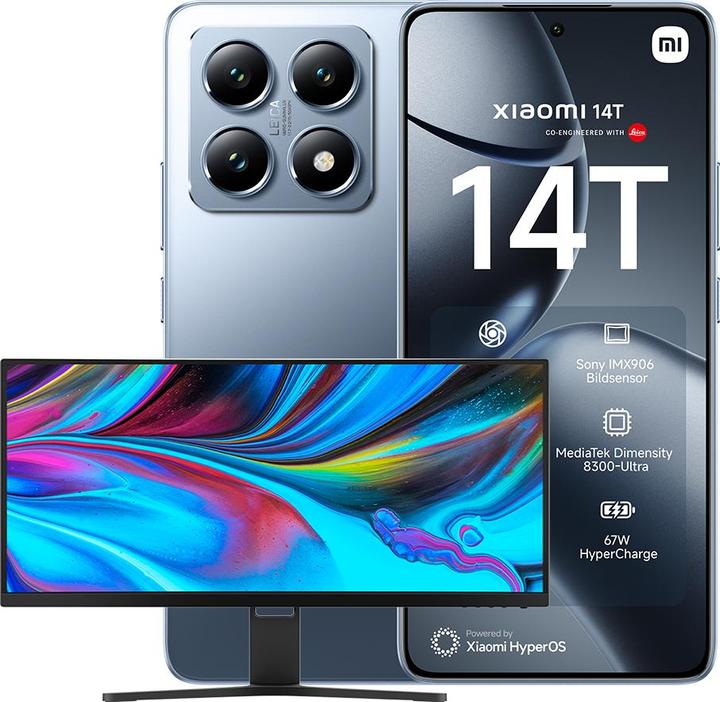 Immagine prodotto Xiaomi Pacchetto di lancio 14T + Monitor da gioco curvo da 30 pollici (256 GB, Blu Titano, 6.67", Doppia SIM, 50 Mpx, 5G)