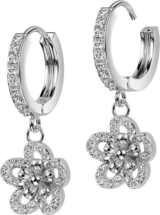 Produktbild Star Piercing Ohrring zum Klappen silber Kristalle silber Anhänger Blume (Chirurgenstahl 316L, Messing)
