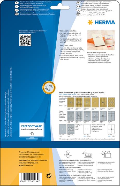 Actual product image Herma Transparent inkjet labels A4