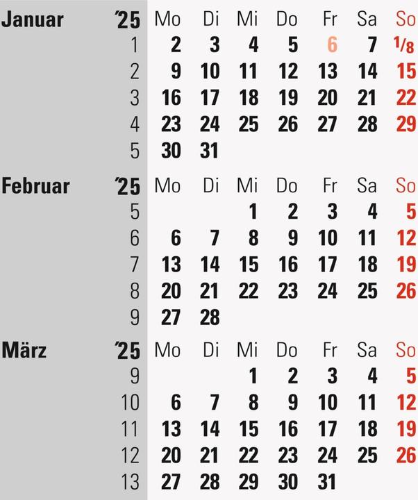 Nährwerte und Zutaten Rido 3-Monats-Kalender Tisch 2025 schwarz (Deutsch)
