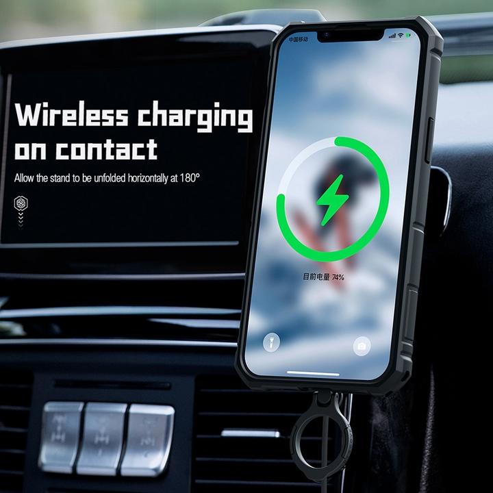 Produktbild Nillkin CamShield Armor Pro Magnethülle für iPhone 14 MagSafe Armoured Cover Standring Schwarz (Apple iPhone 14, Apple iPhone 13)