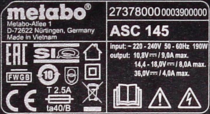 Actual product image Metabo Quick charger ASC 145 (36 V)