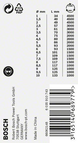 Valori nutrizionali e ingredienti Bosch Professional Zubehör Set di punte elicoidali PRO Metal HSS-G, 19 pezzi. (1 mm, 1,5 mm, 2 mm, 2,5 mm, 3 mm, 3,5 mm, 4 mm, 5 mm, 5,5 mm, 6 mm, 6,5 mm, 7 mm, 10 mm, 8 mm, 8,5 mm, 9 mm, 9,5 mm, 4,5 mm, 7,5 mm)