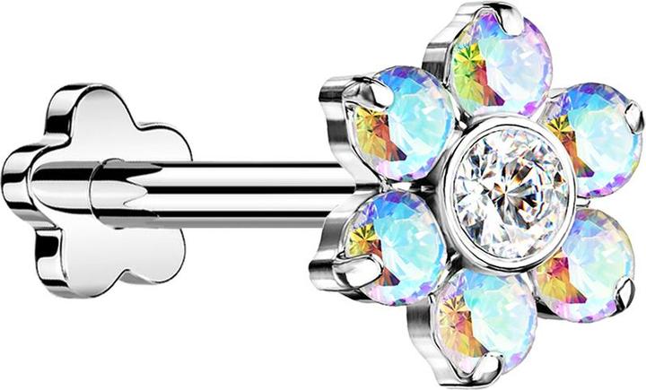 Image du produit Star Piercing Micro Threadless Labret fleur argenté fleur cristaux mulitcolor (sans laiton, Titane G23)