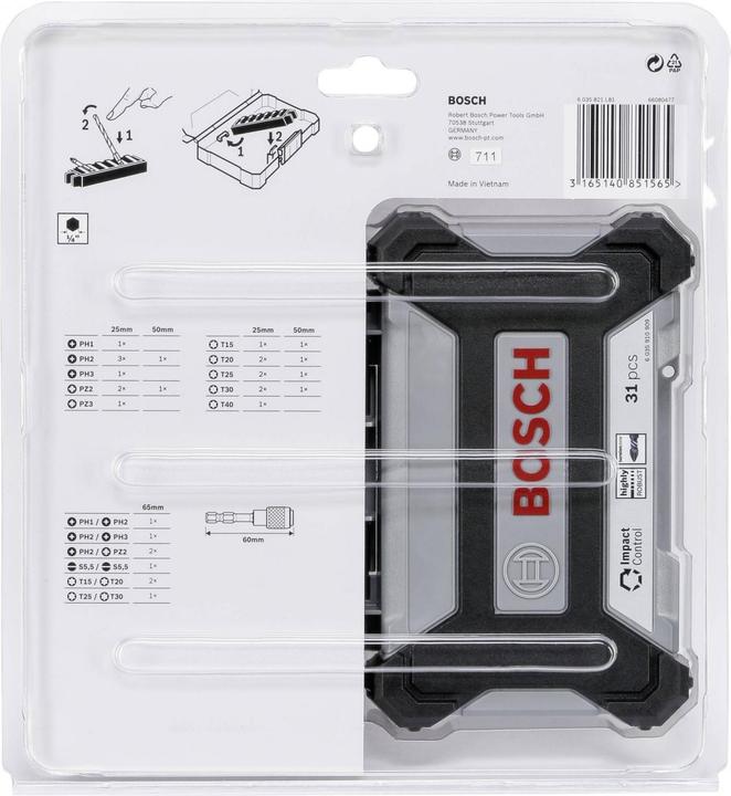 Produktbild Bosch Professional Zubehör 31-tlg. Impact Control Schrauberbit-Set (Kreuz Phillips PH M2, Innensechsrund TX M20, Innensechsrund TX M25, Kreuz Phillips PH M1, Innensechsrund TX M15, Kreuz Pozidriv PZ M3, Innensechsrund TX M30, Kreuz Phillips PH M3, Kreuz Pozidriv PZ M2, Innensechsrund TX M40)