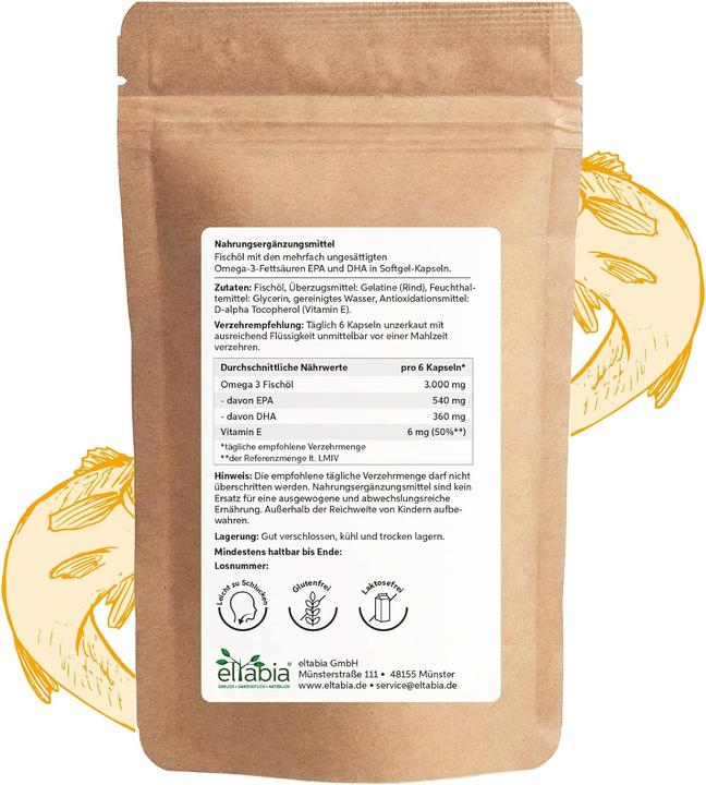 Immagine prodotto Eltabia Omega 3 capsule 500mg di olio di pesce altamente dosato 3000mg di dose giornaliera con il 18% di (200 Pezzo/i, Pillole)