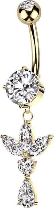 Actual product image Star Piercing Banana gold-plated with two balls Crystal silver pendant three ovals one round and one drop Kris (Brass, Surgical steel 316L)