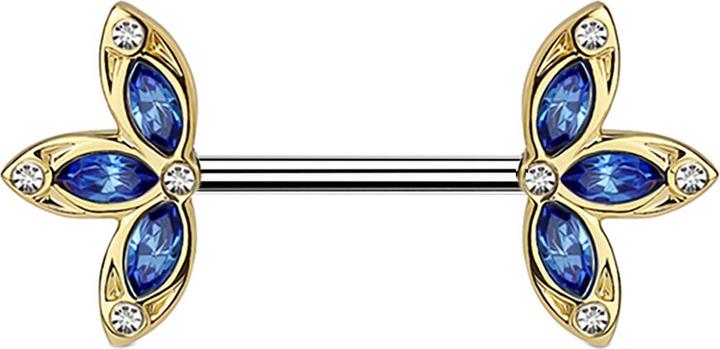 Immagine prodotto Star Piercing Barbell vergoldet mit drei Blütenblatt blau (Acciaio chirurgico 316L, Ottone)