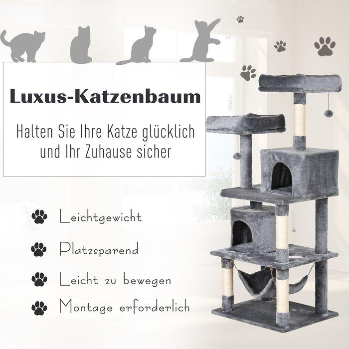 Produktbild Swisshandel24 Kratzbaum Kletterbaum Katzenmöbel Katzenhöhle mit Sisalstämmen, 60 x 50 x 145 cm (145 cm, Grau)