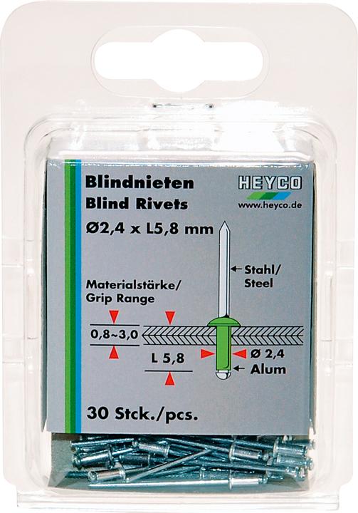 Actual product image HEYCO Blind rivet set in blister packaging