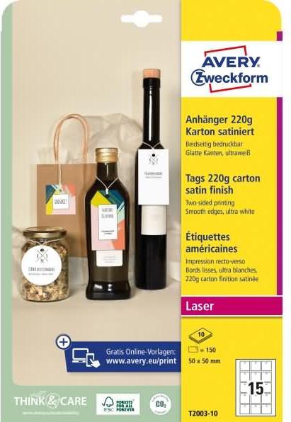 Produktbild Avery Zweckform Anhänger, Karton, 220 g/qm, 50 x 50 mm, weiss satiniert, absolut glatte Kanten, beidseitig