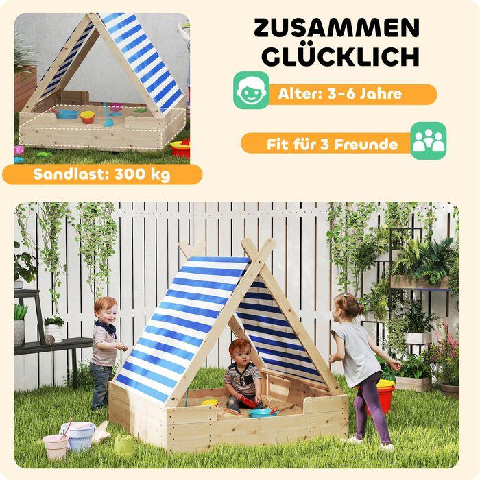 Produktbild Swisshandel24 Sandkasten mit Zeltdach, 120 x 120 cm Sandkiste aus Holz mit Bodenplane Natur