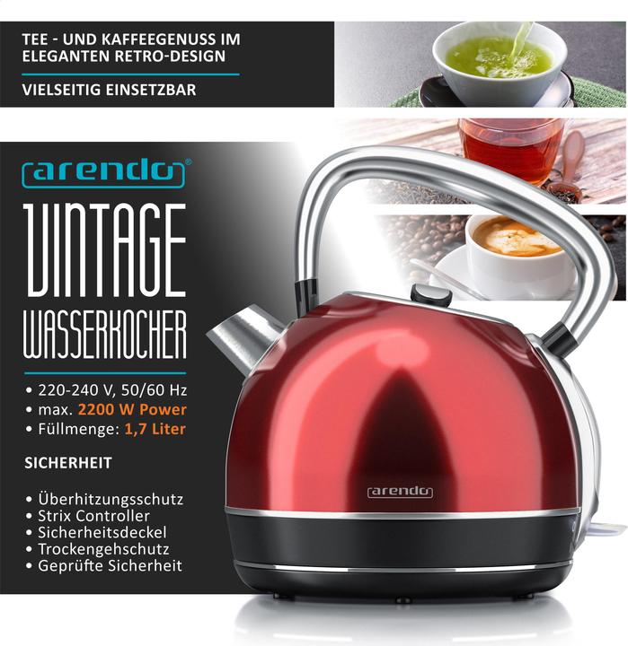 Produktbild Arendo Wasserkocher 1,7 l, 2200 W, Edelstahl, Retro Style, Vintage, Überhitzungs & Trockenkochschutz, rot (1.70 l)