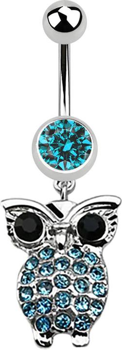 Produktbild Star Piercing Banane silber mit Anhänger Eule und grossen Augen aqua (Chirurgenstahl 316L, ohne Messing)