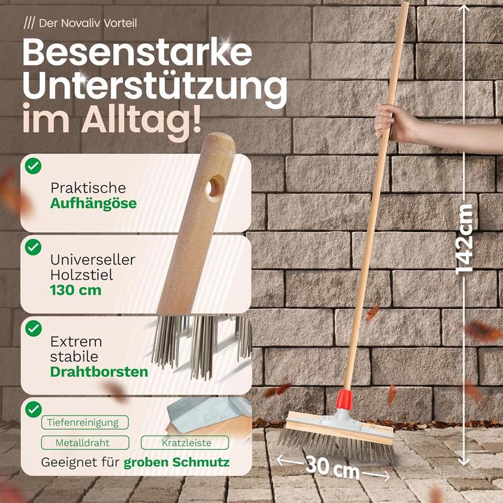 Actual product image Novaliv Robuster Drahtbesen mit Stiel - Stahlbesen mit Holzstiel, Effiziente Moosentfernung, Drahtbü (1 pcs.)