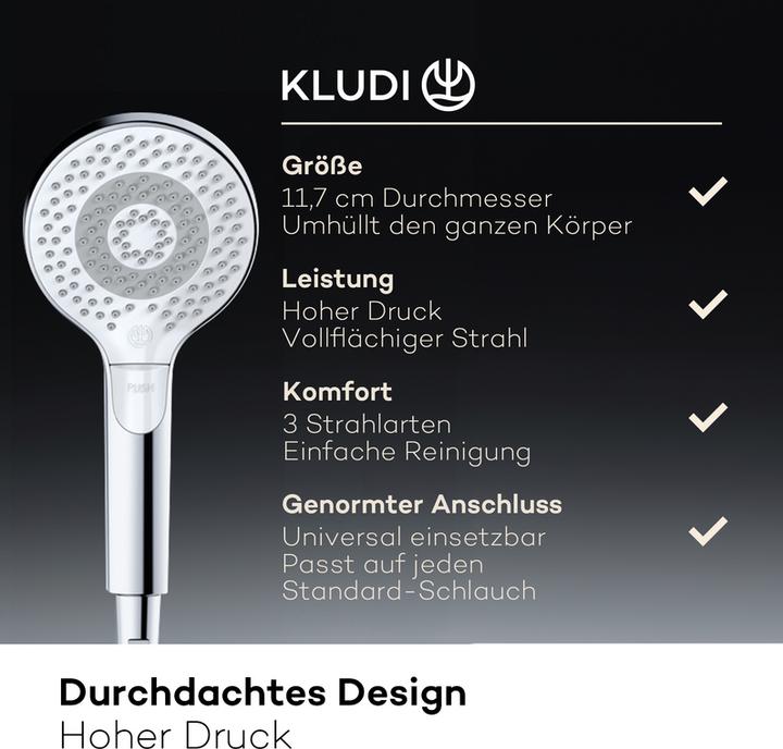 Actual product image Kludi X3 Shower set, shower head 11,7 cm + shower hose 1,6 m (3 Beam types, 15 l/min)